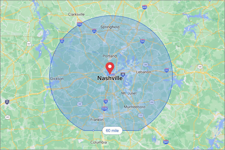 Service area map showing a 60 mile radius around Nashville Tennessee including Clarksville, Columbia, Portland, and Springfield